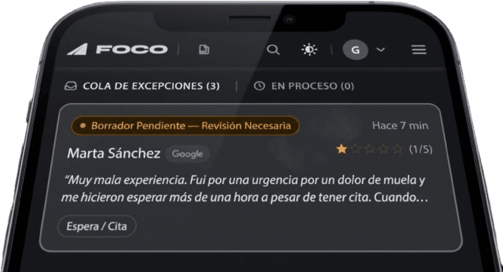 FOCO: Cola de excepciones y respuesta asistida